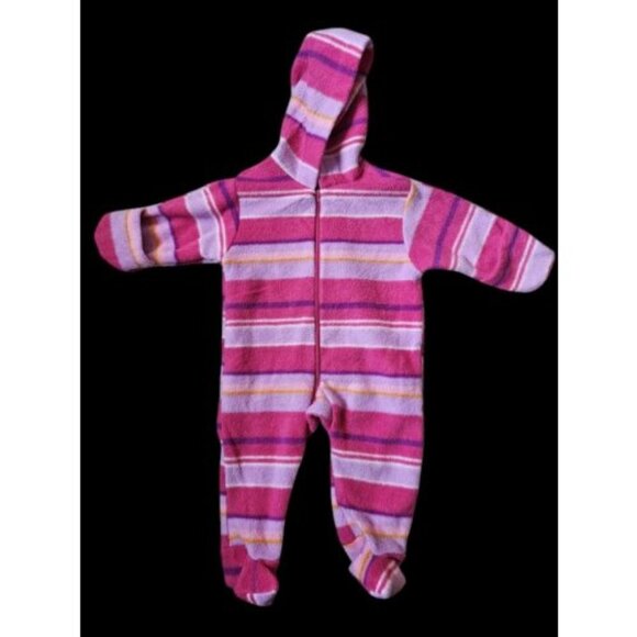BRIGHT FUTURE Pink Striped Hooded Fleece Snowsuit Infants Girls Size 6-9 months - Picture 1 of 4